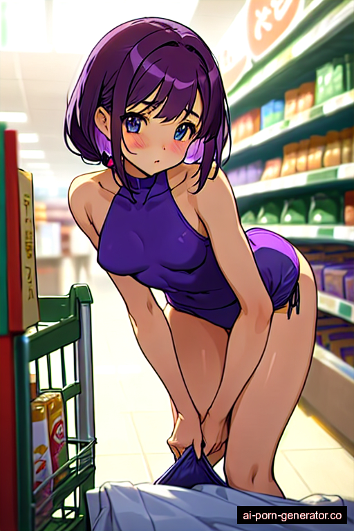  athletic adult woman with small boobs and purple hair of shoulder length, bending over in supermarket, wearing panties only, with shaved pussy