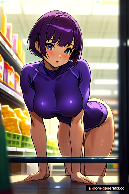  athletic adult woman with large boobs and purple hair of pixie cut length, bending over in supermarket, wearing panties only, with shaved pussy