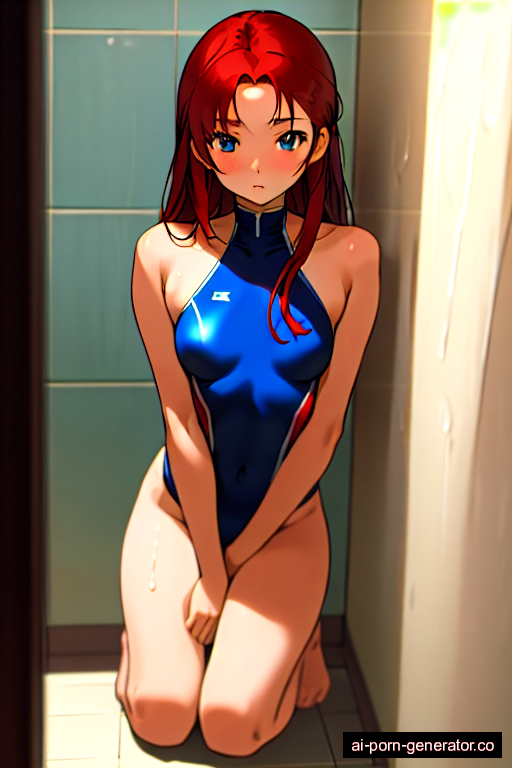  athletic young-adult woman with small boobs and red hair of shoulder length, on her knees in shower, wearing swimsuit, with shaved pussy