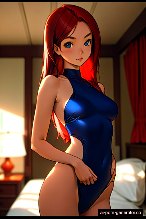  average built young-adult woman with medium boobs and red hair of shoulder length, standing in bedroom, wearing swimsuit, with shaved pussy