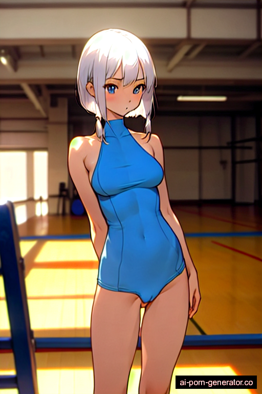  average built young-adult woman with medium boobs and white hair of shoulder length, standing in gym, wearing naked, with shaved pussy