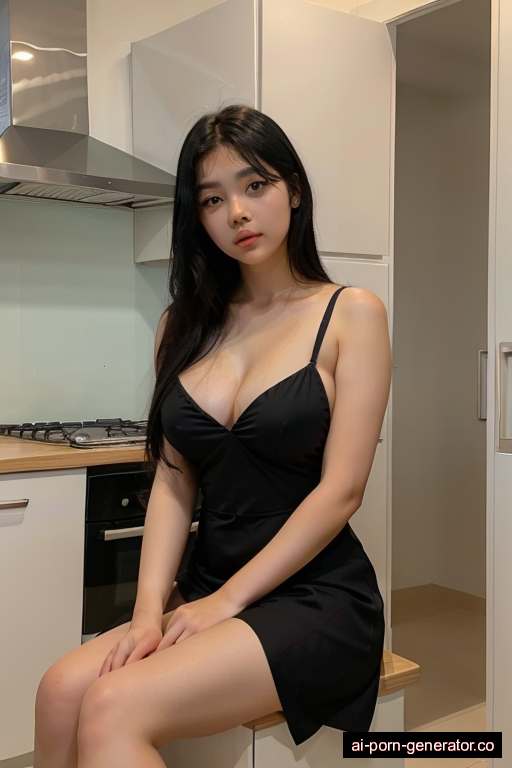 chinese skinny young-adult woman with large boobs and black hair of shoulder length, sitting in kitchen, wearing dress, with shaved pussy