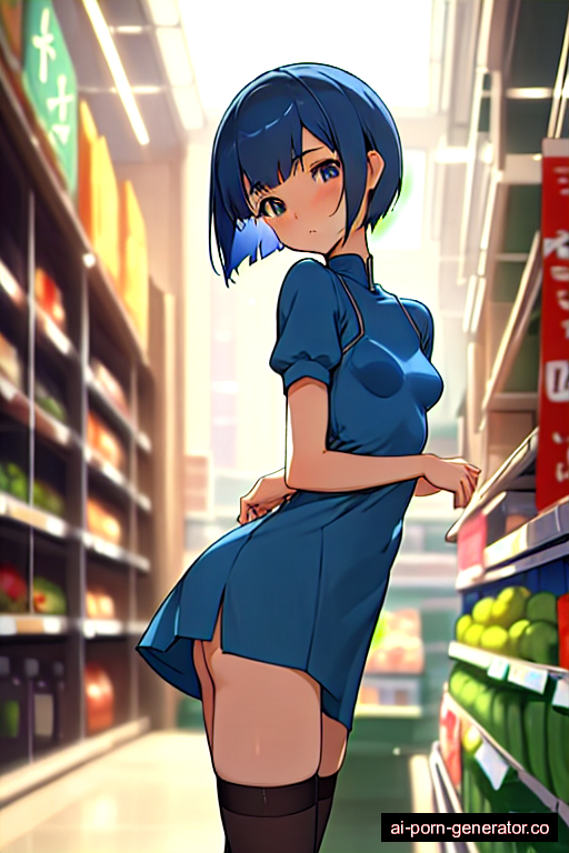  skinny teen woman with small boobs and blue hair of pixie cut length, splitting legs in supermarket, wearing stockings, with shaved pussy