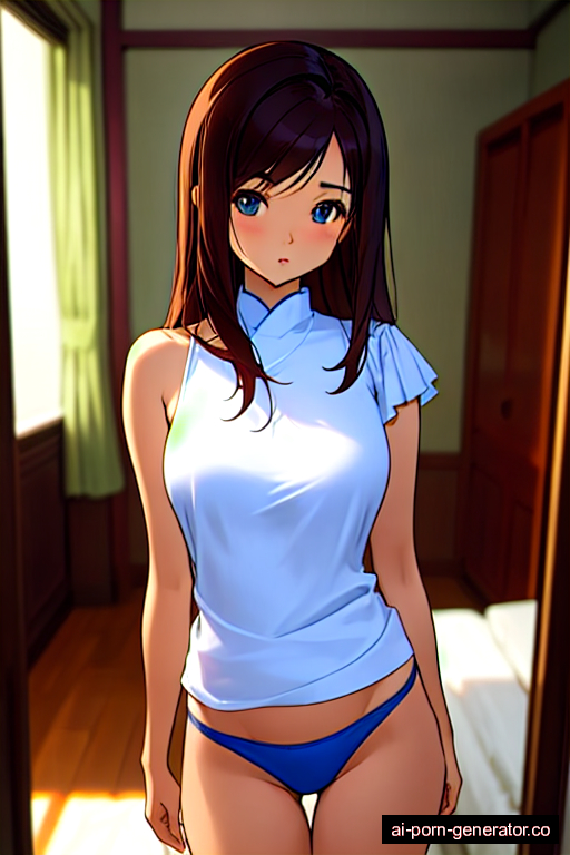  average built young-adult woman with medium boobs and dark hair of shoulder length, standing in bedroom, wearing panties only, with shaved pussy