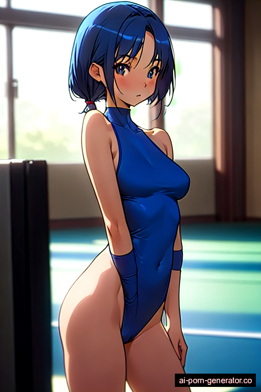  average built young-adult woman with medium boobs and blue hair of shoulder length, standing in gym, wearing naked, with shaved pussy