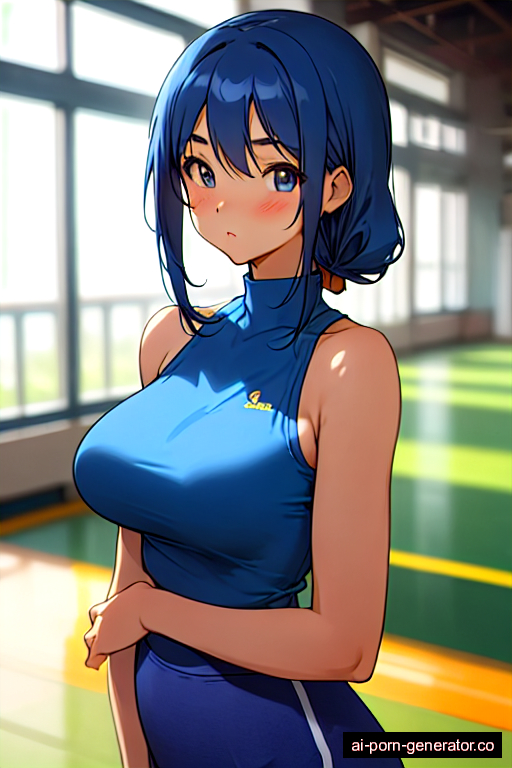  average built young-adult woman with medium boobs and blue hair of shoulder length, standing in gym, wearing yoga pants, with shaved pussy