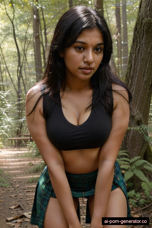 indian athletic young-adult woman with medium boobs and black hair of shoulder length, bending over in forest, wearing skirt, with shaved pussy