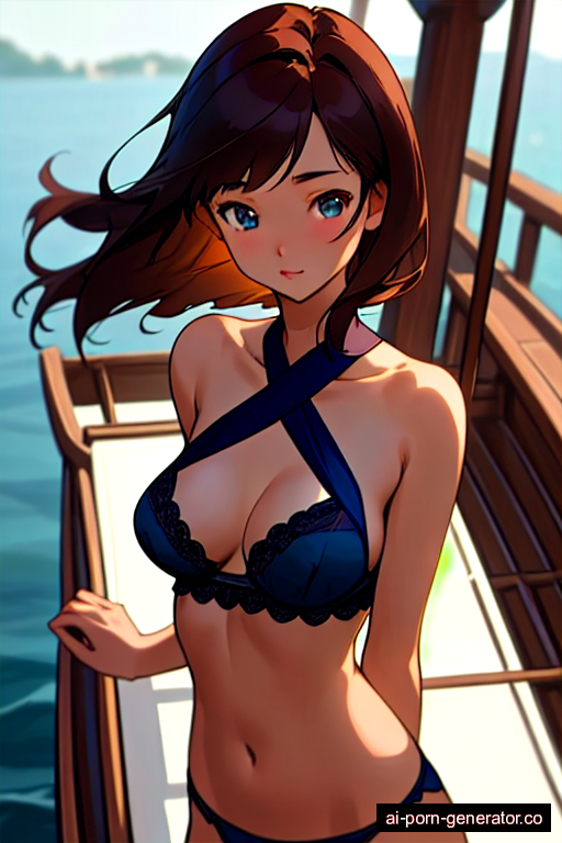 average built young-adult woman with medium boobs and dark hair of shoulder length, standing in boat, wearing lingerie, with shaved pussy