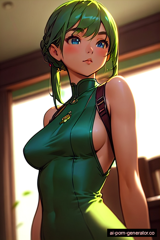  average built young-adult woman with medium boobs and green hair of shoulder length, standing in living room, wearing harness, with shaved pussy