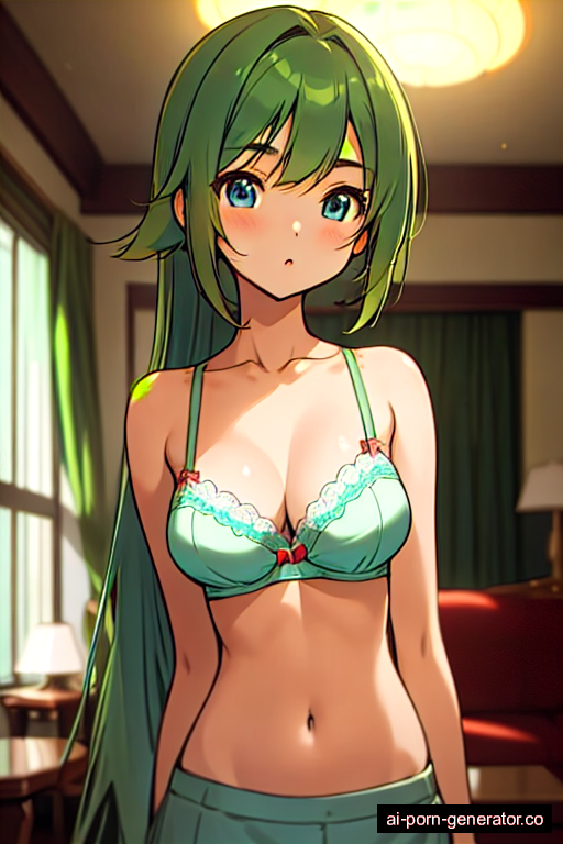  average built young-adult woman with medium boobs and green hair of shoulder length, standing in living room, wearing bra only, with shaved pussy