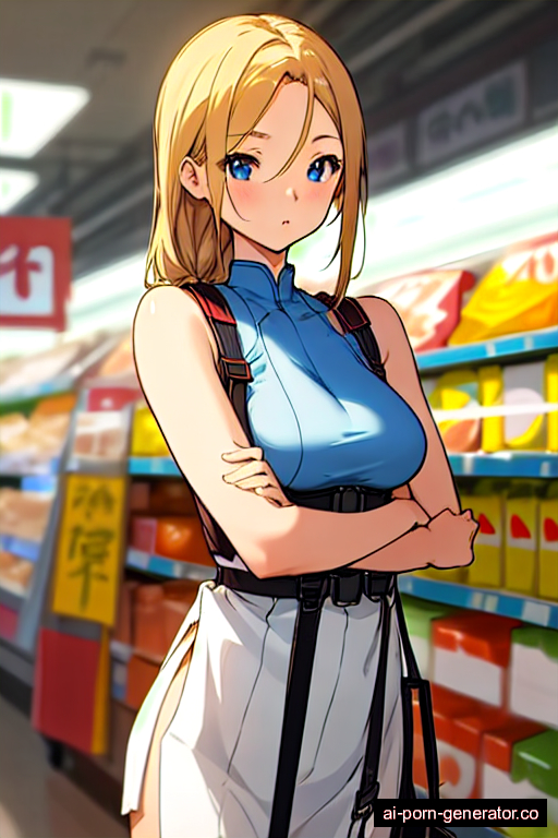  average built young-adult woman with medium boobs and blonde hair of shoulder length, standing in supermarket, wearing harness, with shaved pussy