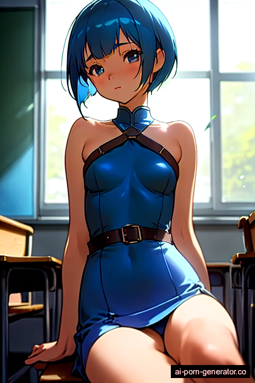  skinny teen woman with small boobs and blue hair of pixie cut length, sitting in classroom, wearing harness, with shaved pussy