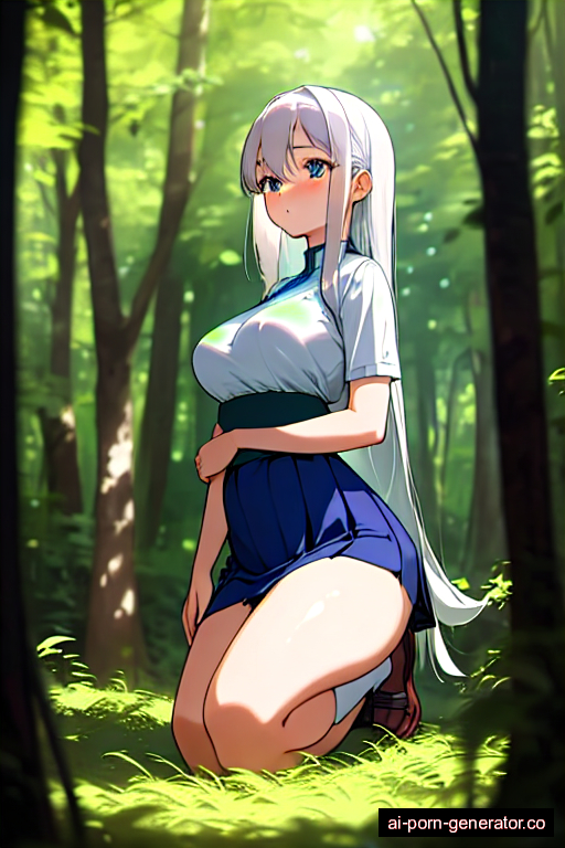 thick teen woman with medium boobs and white hair of mid-back length, on her knees in forest, wearing skirt, with shaved pussy