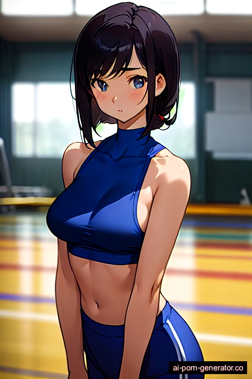  average built young-adult woman with medium boobs and black hair of shoulder length, standing in gym, wearing bra only, with shaved pussy