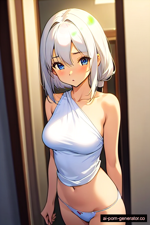  average built teen woman with medium boobs and white hair of shoulder length, standing in changing room, wearing panties only, with shaved pussy