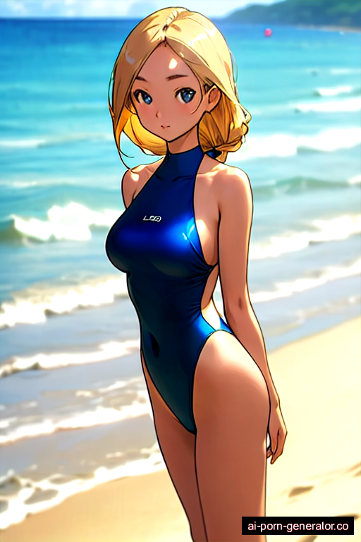  average built young-adult woman with medium boobs and blonde hair of shoulder length, standing in beach, wearing swimsuit, with shaved pussy