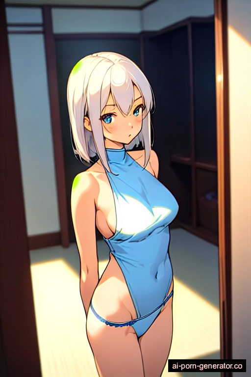  average built teen woman with medium boobs and white hair of shoulder length, standing in changing room, wearing panties only, with shaved pussy