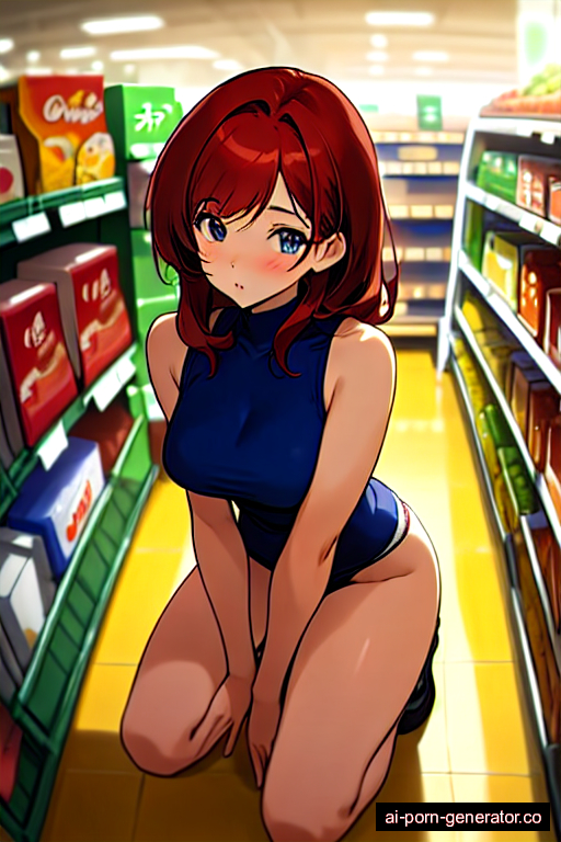  average built mature woman with medium boobs and red hair of mid-back length, on her knees in supermarket, wearing panties only, with shaved pussy