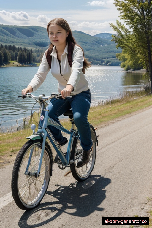 Greta Thunberg riding a bicycle in a sunny day. With a lake in the background. 