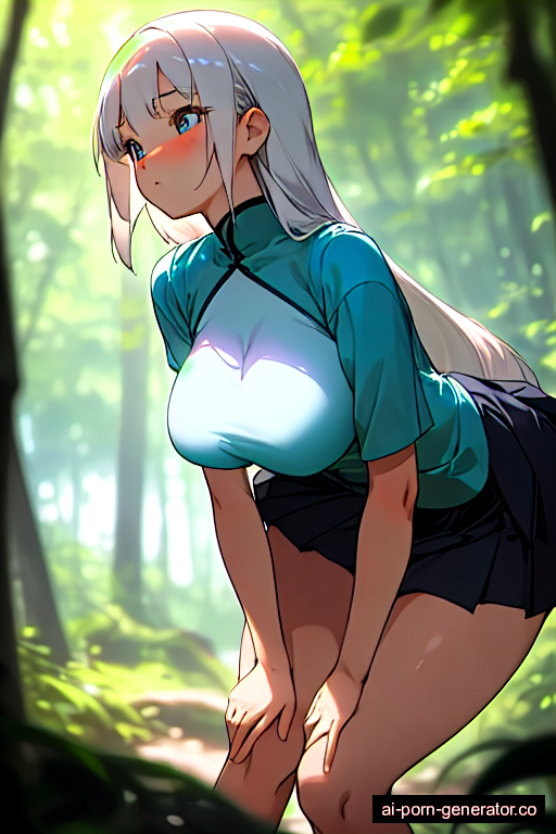  skinny teen woman with large boobs and white hair of shoulder length, bending over in forest, wearing skirt, with shaved pussy