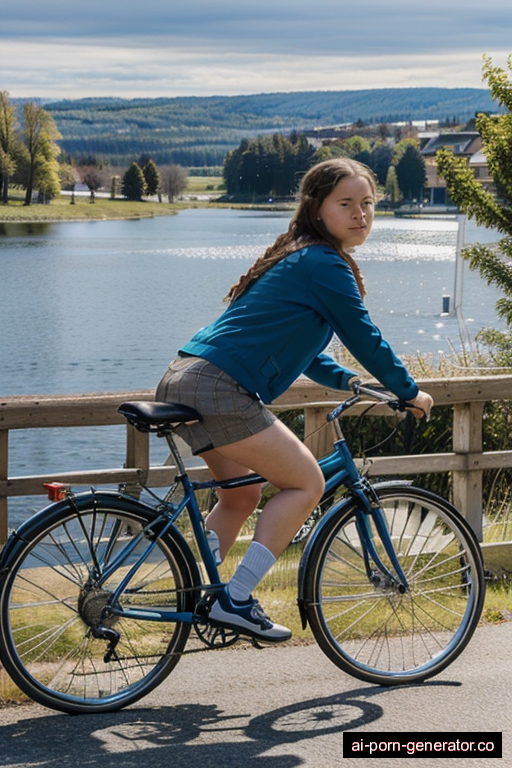 Greta Thunberg riding a bicycle in a sunny day. With a lake in the background. 