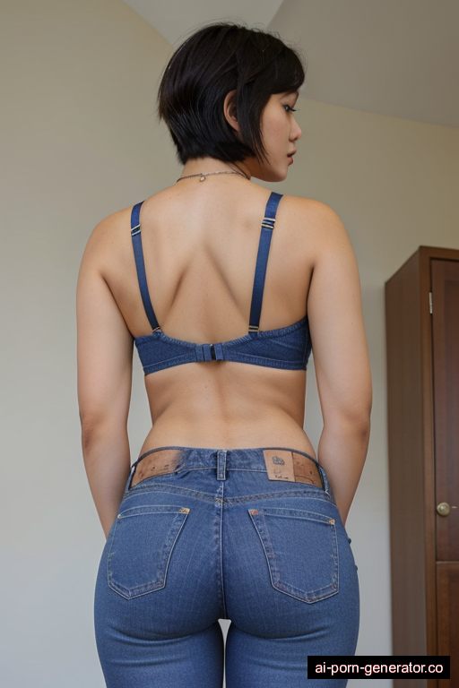 asian, slim, old, jeans, bra, view from behind, short hair, holes in jeans