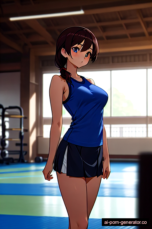  average built teen woman with medium boobs and dark hair of mid-back length, standing in gym, wearing skirt, with shaved pussy