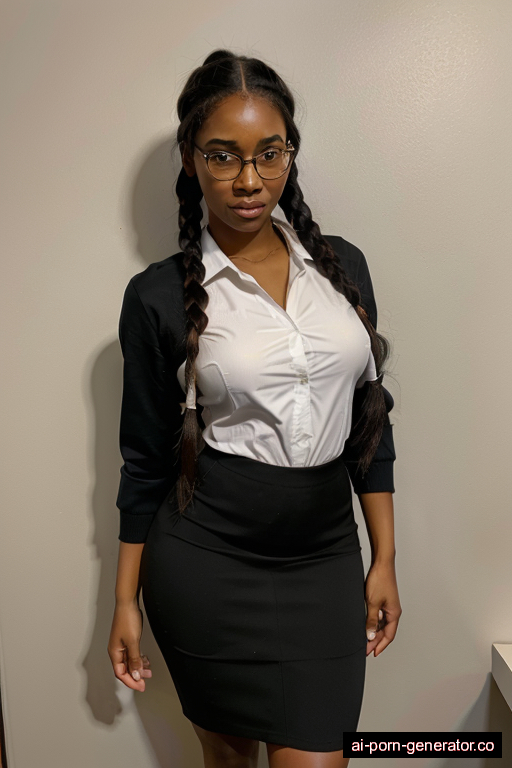 athletic black woman with 2 braids sexy secretary glasses pencil skirt
