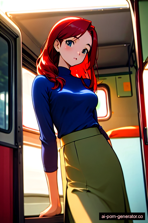  average built teen woman with medium boobs and red hair of shoulder length, standing in camper van, wearing skirt, with shaved pussy