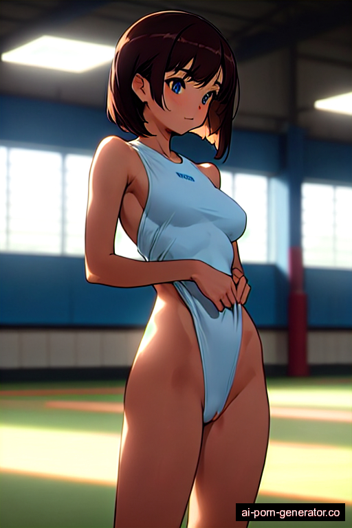  average built teen woman with medium boobs and dark hair of mid-back length, standing in gym, wearing naked, with shaved pussy