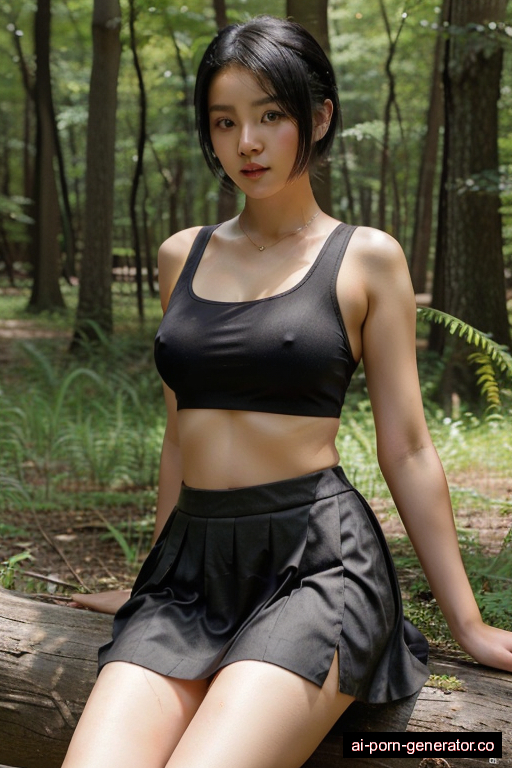 chinese athletic teen woman with medium boobs and black hair of pixie cut length, sitting in forest, wearing skirt, with shaved pussy