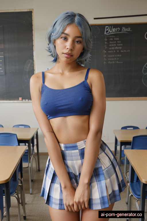 black skinny teen woman with small boobs and blue hair of shoulder length, bending over in classroom, wearing skirt, with shaved pussy