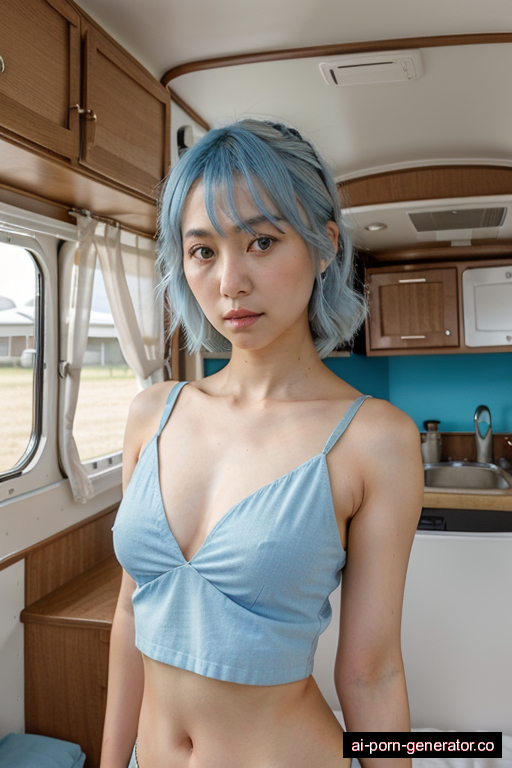 japanese skinny adult woman with small boobs and blue hair of shoulder length, standing in camper van, wearing crop top, with shaved pussy