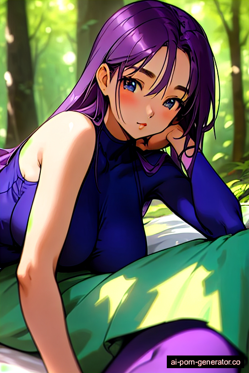  skinny teen woman with medium boobs and purple hair of shoulder length, lying down in forest, wearing yoga pants, with shaved pussy