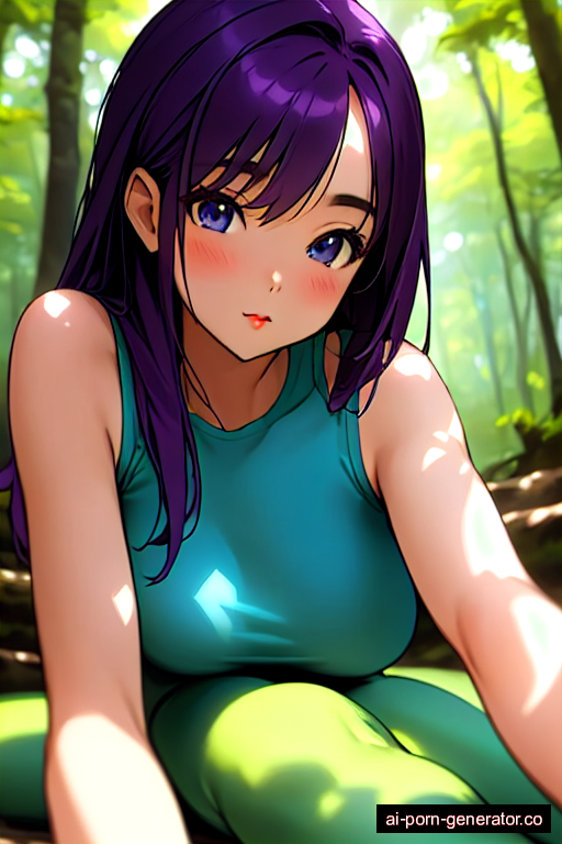  skinny teen woman with medium boobs and purple hair of shoulder length, lying down in forest, wearing yoga pants, with shaved pussy