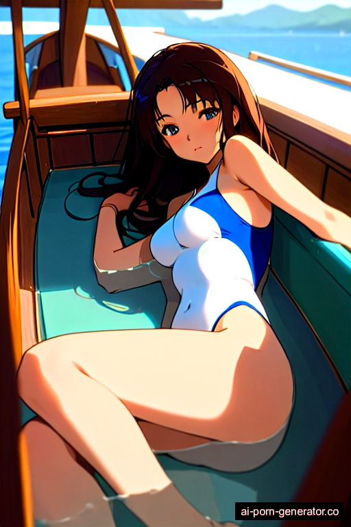  skinny teen woman with medium boobs and dark hair of shoulder length, lying down in boat, wearing swimsuit, with shaved pussy
