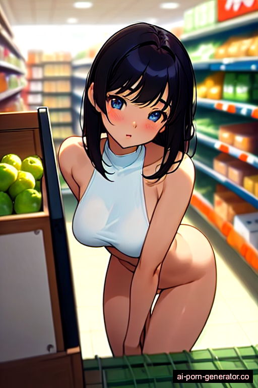  average built young-adult woman with medium boobs and black hair of shoulder length, bending over in supermarket, wearing naked, with shaved pussy