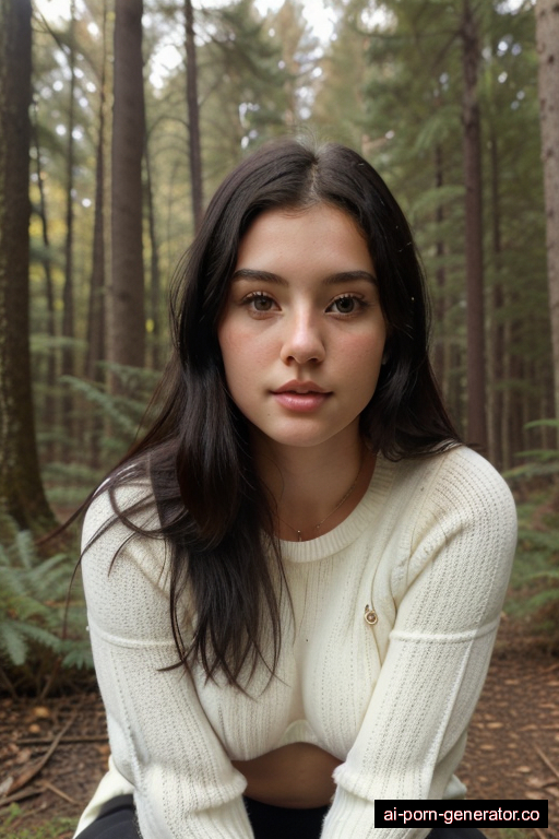 white athletic teen woman with small boobs and black hair of mid-back length, on her knees in forest, wearing sweater, with shaved pussy