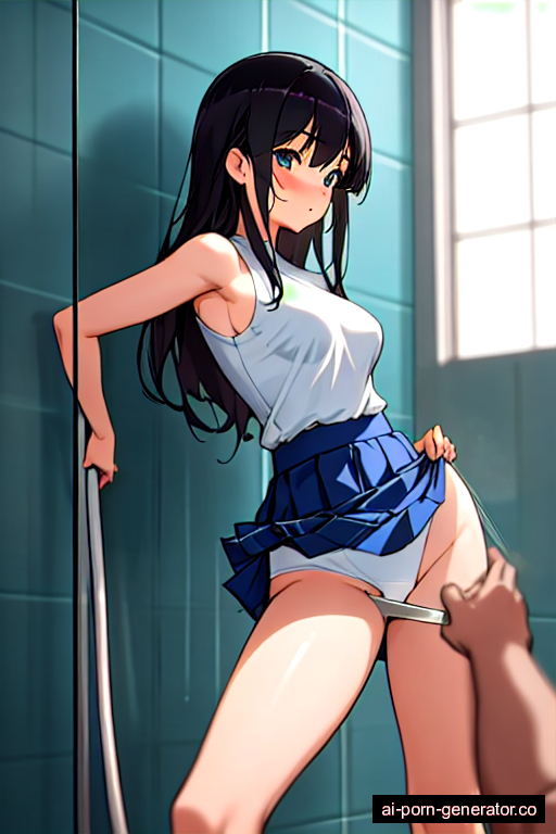  average built adult woman with medium boobs and black hair of shoulder length, splitting legs in shower, wearing skirt, with shaved pussy