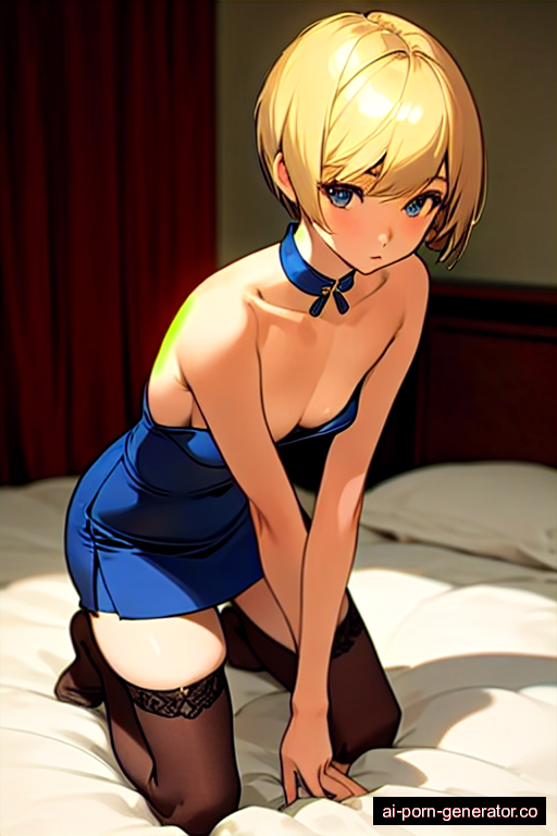  skinny teen woman with small boobs and blonde hair of pixie cut length, on her knees in bedroom, wearing stockings, with shaved pussy