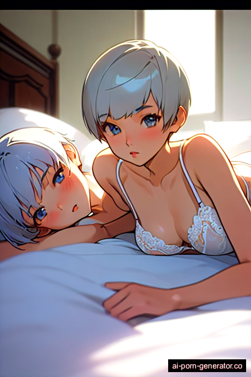  athletic teen woman with small boobs and white hair of pixie cut length, lying down in bedroom, wearing lingerie, with shaved pussy
