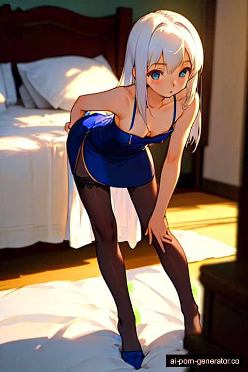  skinny teen woman with small boobs and white hair of shoulder length, bending over in bedroom, wearing stockings, with shaved pussy