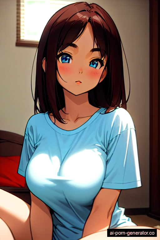  average built teen woman with large boobs and dark hair of shoulder length, sitting in bedroom, wearing t-shirt, with shaved pussy