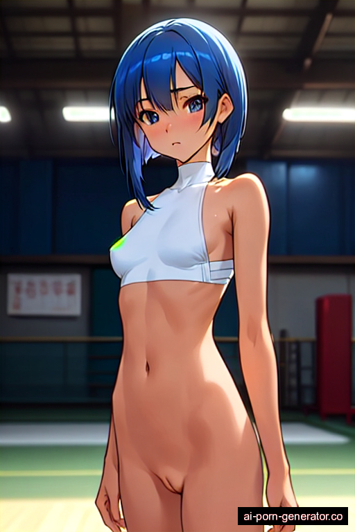  skinny young-adult woman with small boobs and blue hair of shoulder length, standing in gym, wearing naked, with shaved pussy