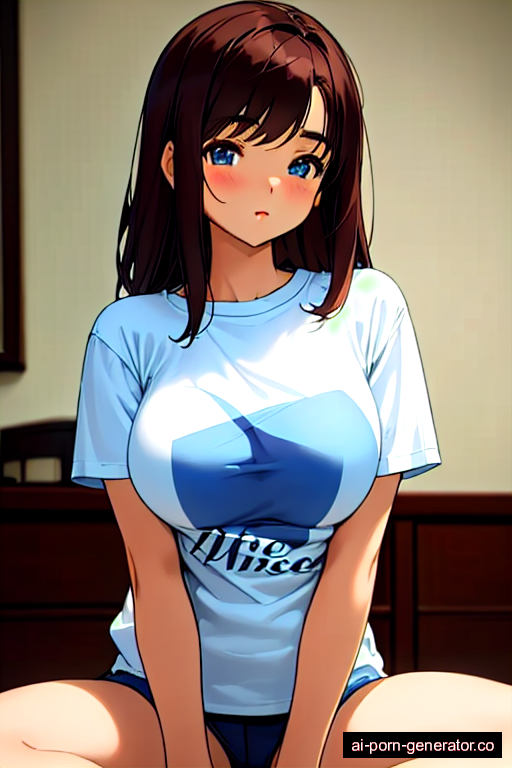  average built teen woman with large boobs and dark hair of shoulder length, sitting in bedroom, wearing t-shirt, with shaved pussy