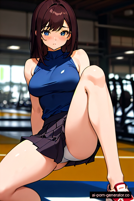  average built adult woman with medium boobs and dark hair of shoulder length, splitting legs in gym, wearing skirt, with shaved pussy