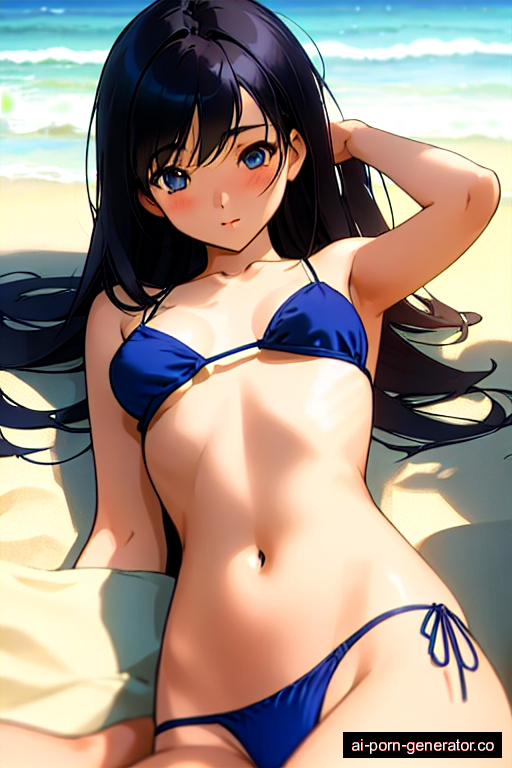  average built adult woman with small boobs and black hair of shoulder length, lying down in beach, wearing panties only, with shaved pussy