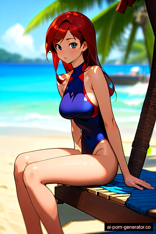  thick teen woman with medium boobs and red hair of mid-back length, sitting in beach, wearing swimsuit, with shaved pussy