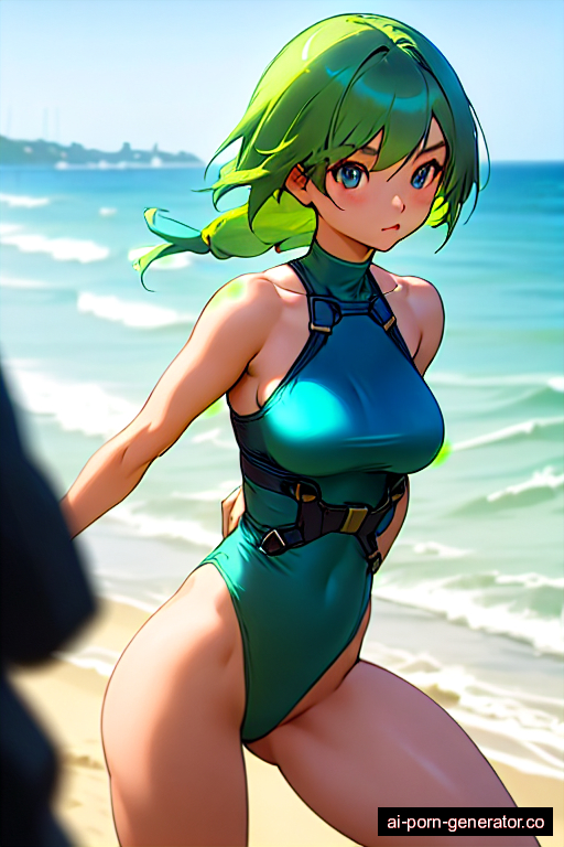  average built adult woman with medium boobs and green hair of shoulder length, splitting legs in beach, wearing harness, with shaved pussy