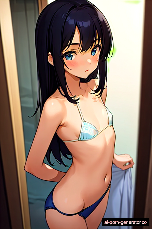  skinny young-adult woman with small boobs and black hair of shoulder length, standing in changing room, wearing panties only, with shaved pussy